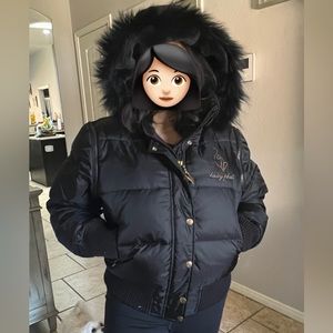 Vintage black Baby Phat puffer fur jacket that converts to puffer vest.